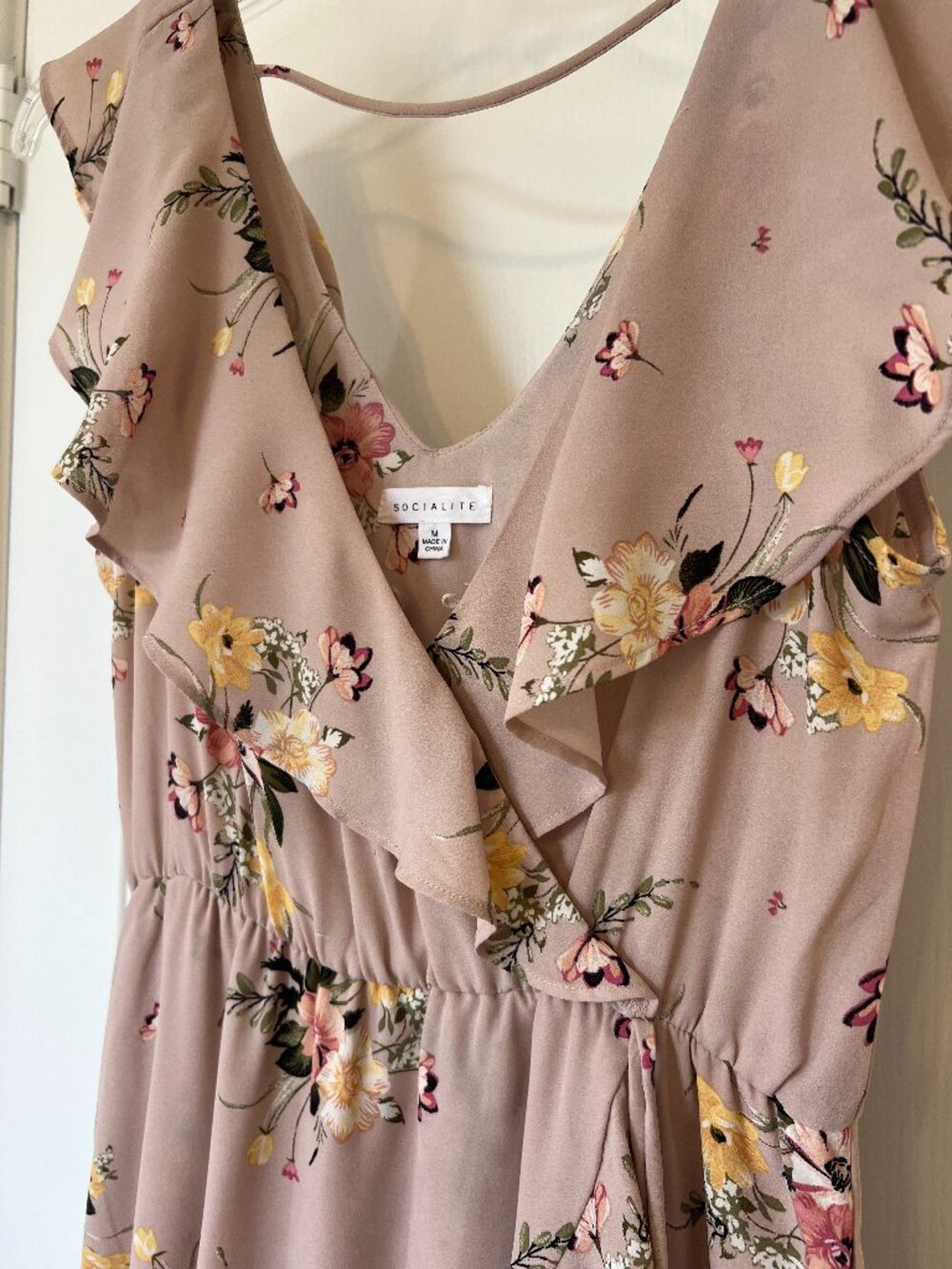 Socialite Ruffle Faux Wrap High-Low Midi Dress Floral Mauve Pink SIZE Medium